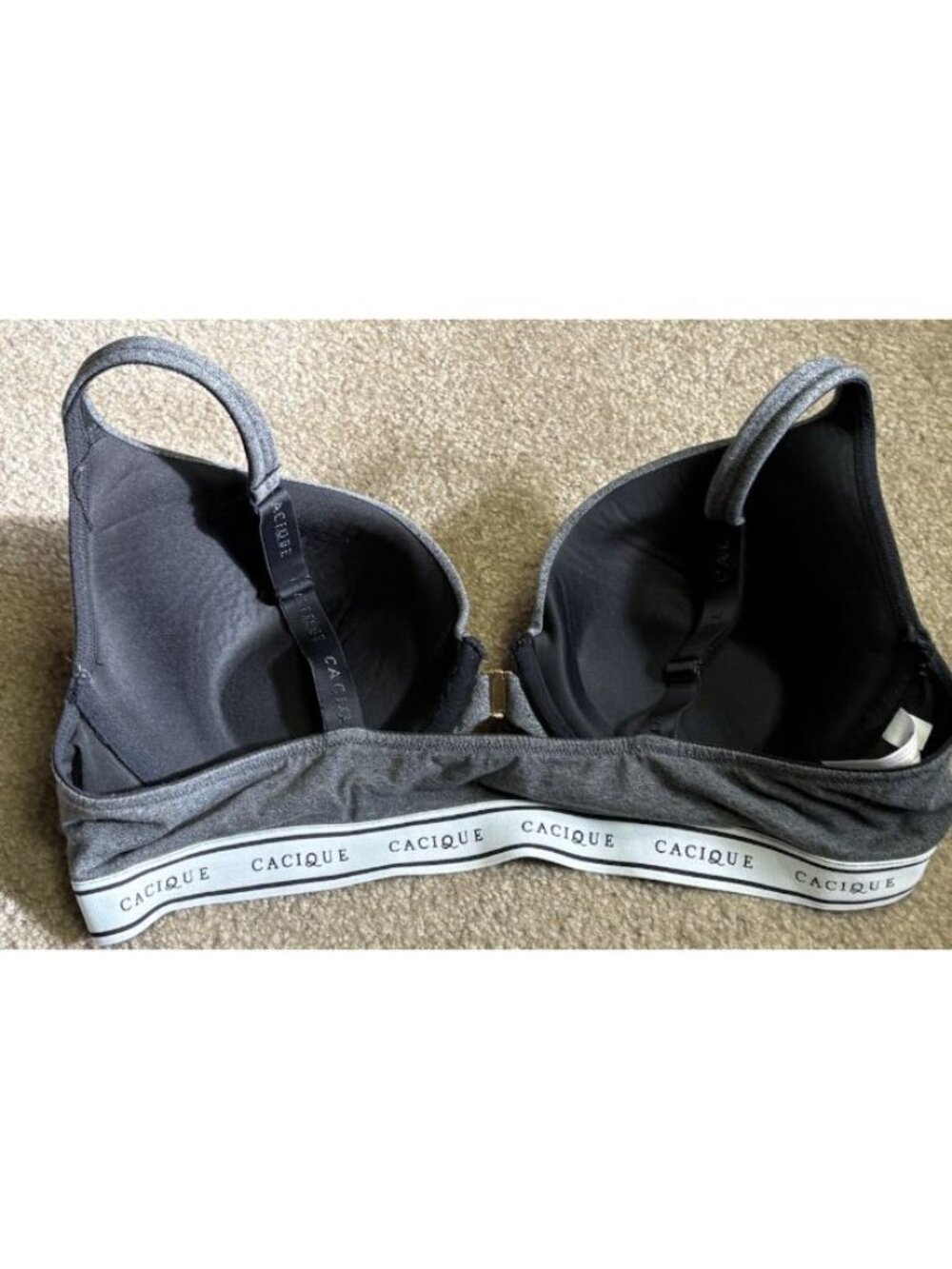 Cacique Boost Plunge Bra 42D Front Clasp Gray With Gray/White Band Underwire - Picture 3 of 5